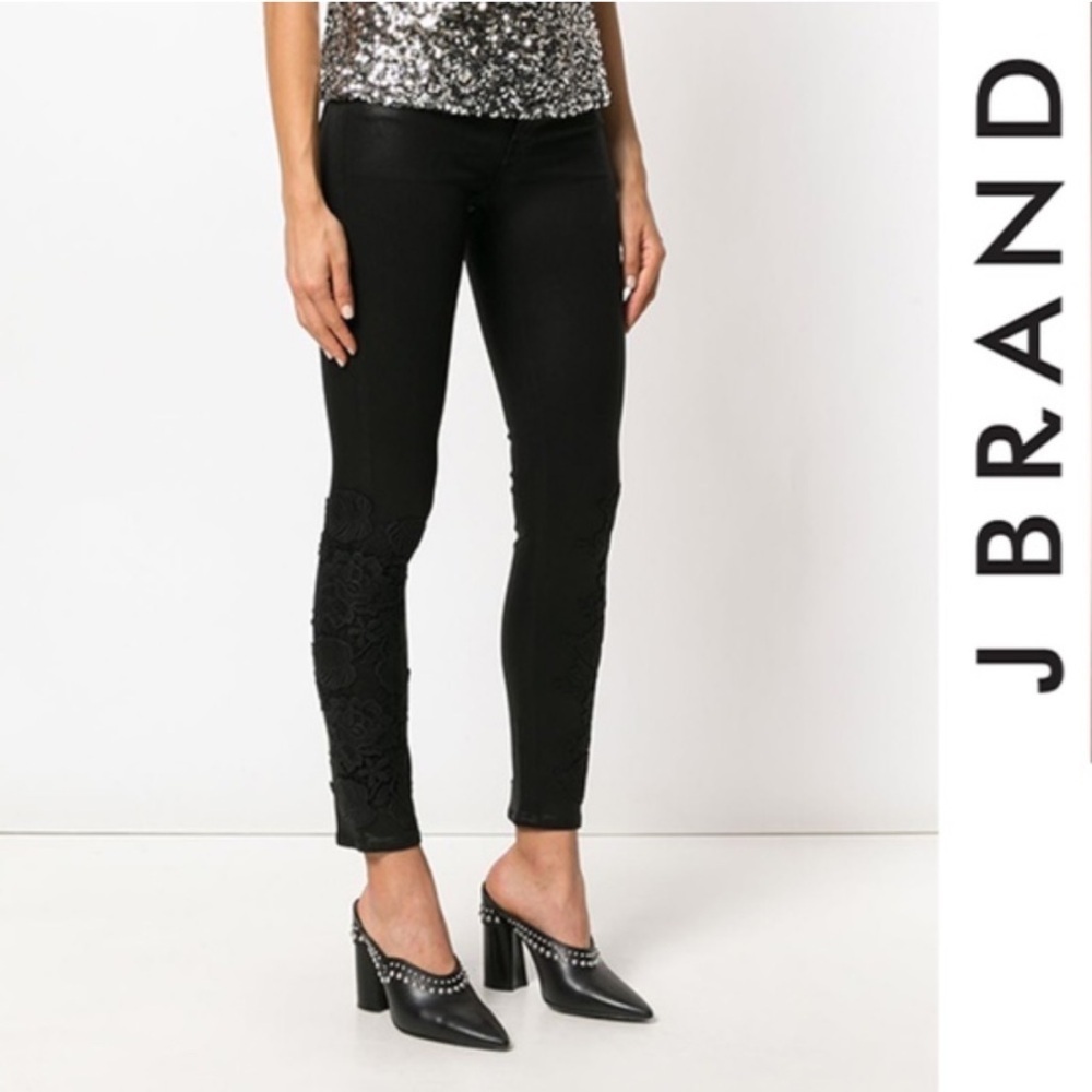 J BRAND Mid Rise Super Skinny Black Coated Lace  Jean
